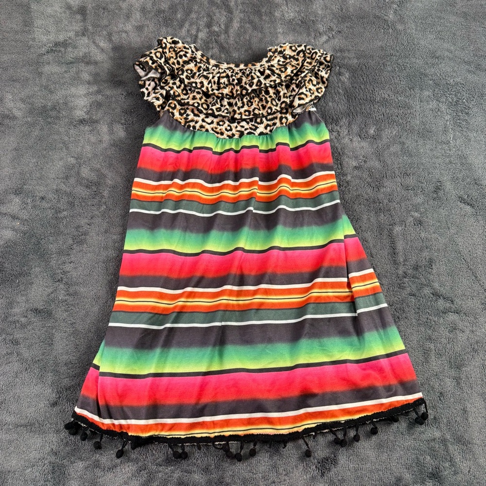 Botique Girls 3T-4T‎ Serape Leopard Multi Color Maxi Dress Black Fringe - Picture 6 of 11
